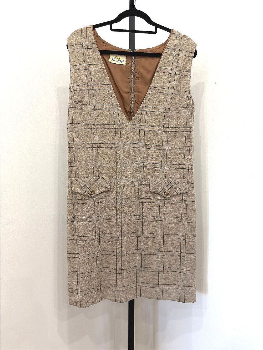 Vintage Flutterbye Sleeveless V-Neck Plaid Dress with Front Pocket Flaps